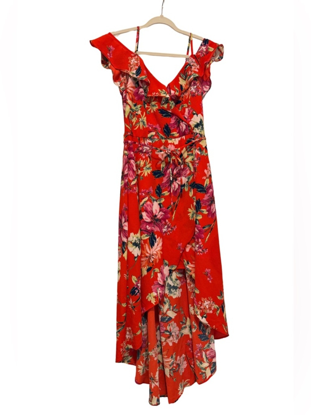 I.N. San Francisco Bright Red Floral Faux Wrap Flowy Dress Small NWT - Picture 6 of 11